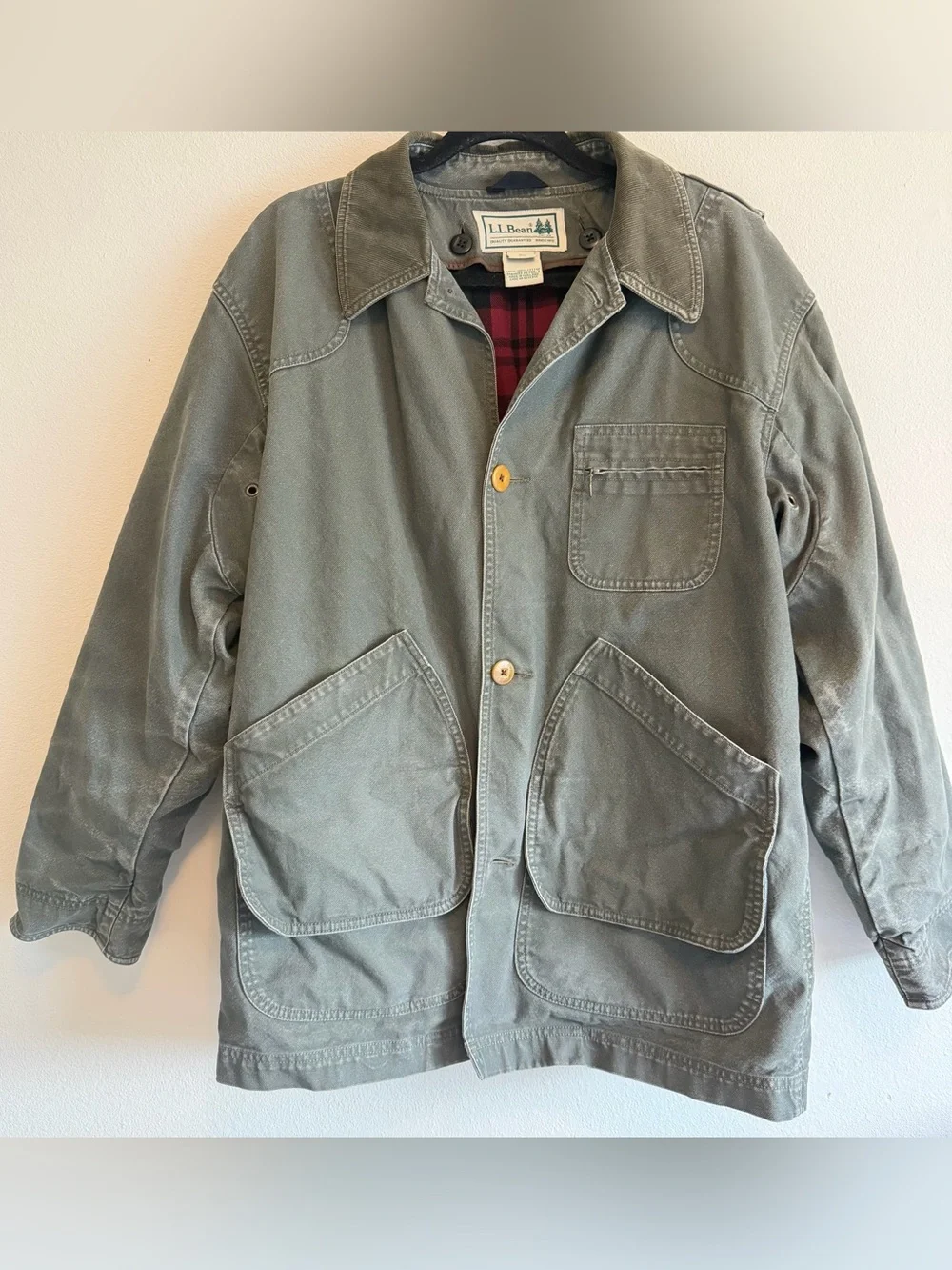 Vintage LL Bean Field Jacket With Removable Plaid Liner Size M Reg Green READ